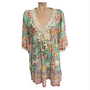 Astrid Vibrant Floral Tunic Dress with Lace Accents Size L